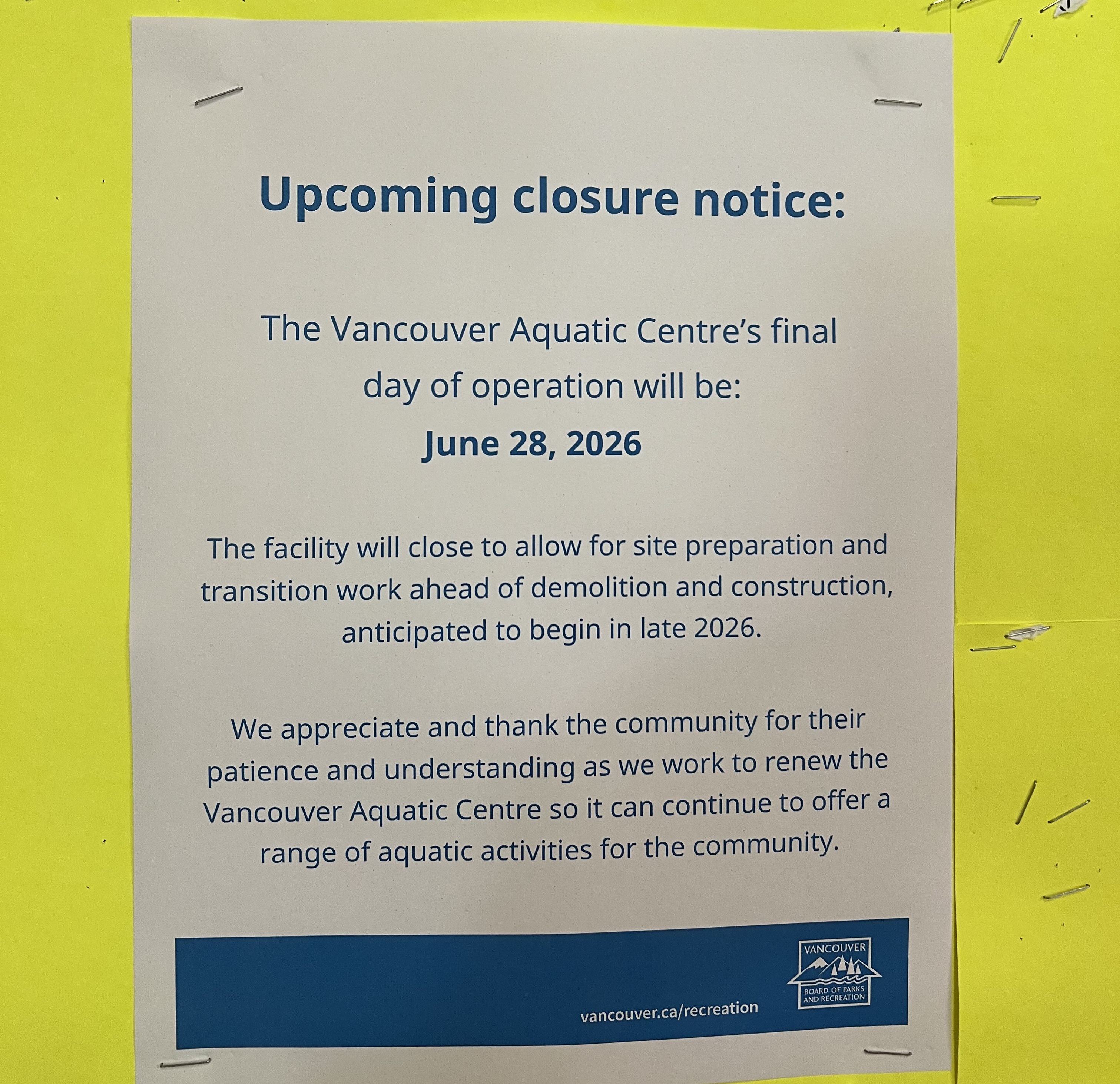full Vancouver Aquatic Centre Closure Notice