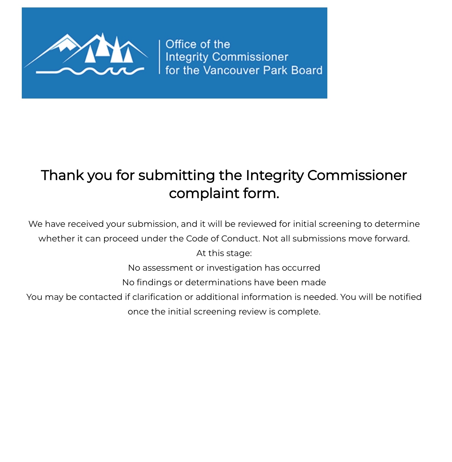 The online form's confirmation screen, with no confirmation number
